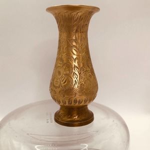 Vintage Brass Vase Etched in Overall Floral Design 5”x 2.5”